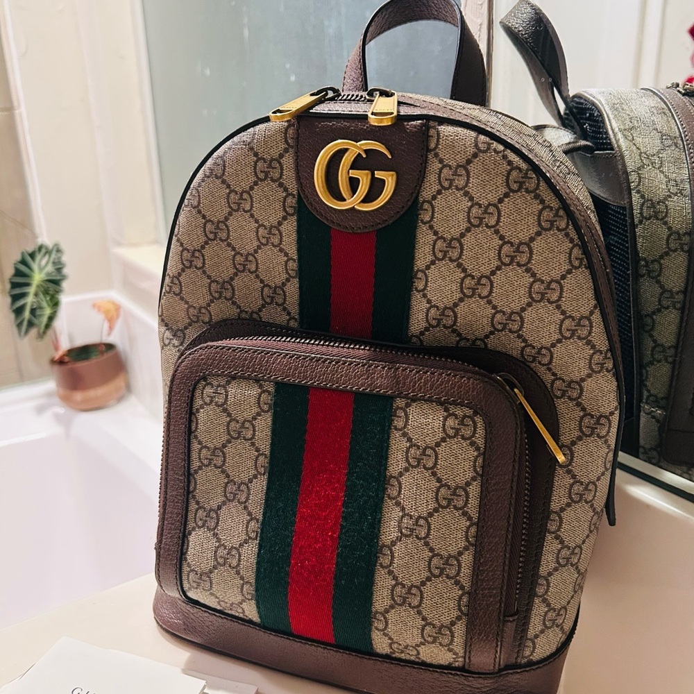 SALE 🎉Gucci Monogram Backpack with Red and Green Stripe NWT - Picture 2 of 10